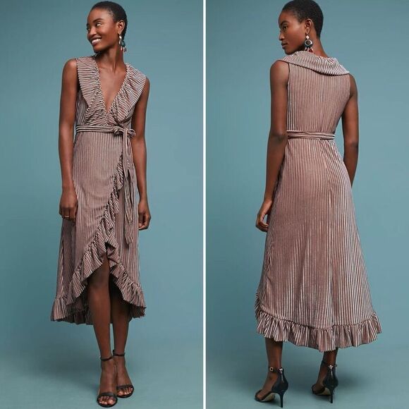 MISA Stripe Velvet Ruffle Wrap Midi ‘EVE’ Dress M Plunged V Neck Fairy Romantic - Picture 6 of 14